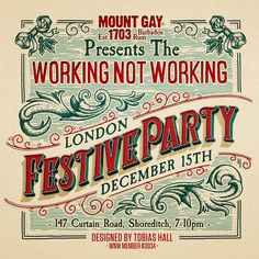 a poster for the london festive party, featuring an ornate design and hand lettering