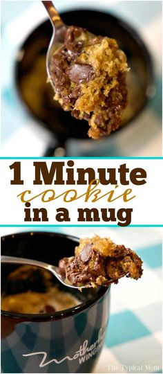 a close up of a spoon with food in it and the words 1 minute cookie in a mug