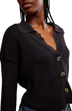 A soft rib adds everyday comfort and ease to a slouchy button-up sweater with dropped shoulders and a spread collar. 19 1/2" length ( size Medium) Spread collar Long sleeves 49% cotton, 44% viscose, 7% linen Hand Wash/ Lay flat Imported Casual Button-up Ribbed Sweater, Fall Ribbed Collared Cardigan, Everyday Ribbed Button-up Top, Ribbed Button-up Tops For Layering, Casual Collared Ribbed Cardigan, Fall Button-up Loungewear Top, Ribbed Button-up Winter Top, Ribbed Button-up Top For Winter, Winter Ribbed Button-up Top