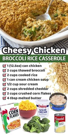 broccoli rice casserole recipe with text overlay that says cheesy chicken broccoli rice casserole