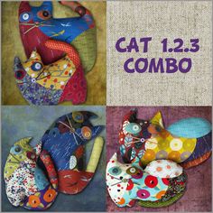 three different images of cats made out of cloths and fabric, with the words cat 123