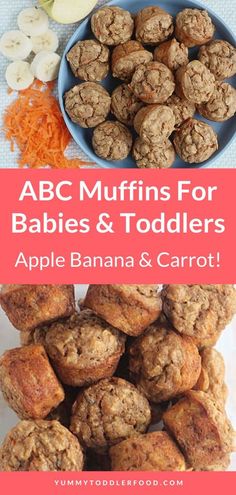 the abc muffins for babies and toddlers are on display with carrots