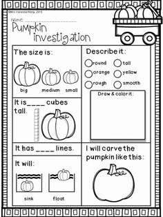 the pumpkin investigateation worksheet is shown in black and white, with an image of