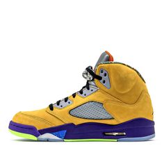 Hitting shelves in 1990, Air Jordan 5 combines the mesh side panels and a translucent sole. Taking inspiration from World War II fighter planes and Jordan’s biting style, Tinker Hatfield added “shark-teeth”  into the sneaker's design along the midsole.\n Yellow Suede Sneakers For Streetwear, Yellow Suede High-top Sneakers, Yellow Suede Sporty Sneakers, Mens Athletic Fashion, Nike Air Jordan 5, Tinker Hatfield, Jordan 5 Retro, Air Jordan 5 Retro, Air Jordan 5