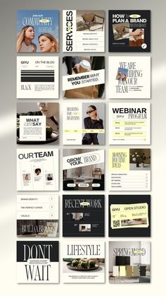 a bunch of different types of brochures are shown in this graphic design style