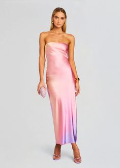 Cerith Silk Strapless Midi Dress Iridescent Midi Dress, Pink Satin Strapless Dress, Semi Formal Dresses Midi, Iridescent Dresses, Midi Hoco Dress, Sunset Dress, Sorority Formal Dress, Silk Formal Dress, Bridal Reception Dress