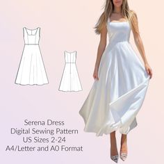 a woman in a white dress and shoes is standing next to an advert for the sewing pattern