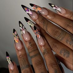 #nails #naildesign #nailart #nailsoftheday #summer2024 #flowers #summerstyle #orchids #almond #nails #stilettos Hippie Nails, Colored Acrylic Nails, French Acrylic Nails, Dope Nail Designs, Acrylic Nails Coffin Pink, Almond Acrylic Nails