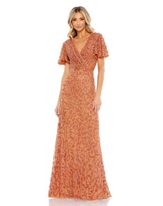 Mac Duggal V-Neckline Flutter sleeves Approx. 62.5" from top of shoulder to bottom hem Fully lined through body Available in Burnt Orange Style #5632 Orange Style, Sleeve Gown, Spring Floral Dress, Daytime Dresses, Bride Clothes, Tea Length Dresses, Mac Duggal, Gowns With Sleeves, Orange Fashion