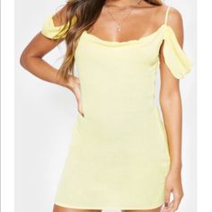 Yellow Off-Shoulder Dress. Fitted One Shoulder Sundress, Fitted One-shoulder Sundress, Yellow Off-shoulder Summer Dress, Off Shoulder Square Neck Dress For Summer Brunch, Square Neck Off Shoulder Dress For Summer Brunch, Fitted Square Neck Off Shoulder Dress For Spring, Yellow Dress With Straight Neckline For Summer, Casual Mini Dress With Straight Neckline For Brunch, Spring Off Shoulder Square Neck Dress