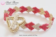 two bracelets made out of beads with hearts and cross on the clasp, both in gold and pink