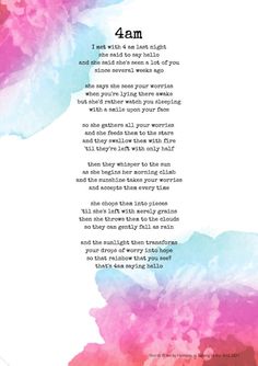 a poem written in pink and blue watercolors with the words 4 am on it