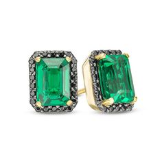 Curate your collection of classic accessories with these unforgettable stud earrings. Crafted in warm 10K gold, each refined earring showcases a 7.0 x 5.0mm emerald-cut lab-created verdant-green emerald wrapped in a frame of alluring black diamonds. Radiant with 1/4 ct. t.w. of diamonds and a brilliant buffed luster, these post earring secure comfortably with friction backs. Classic Emerald Earrings For Anniversary, Classic Emerald Jewelry For Evening, Classic Evening Emerald Jewelry, Classic Gemstone Earrings For May Birthstone, Classic 14k Gold Earrings For May Birthstone, Classic Yellow Gold Emerald Earrings, Classic Yellow Gold Earrings With Emeralds, Classic Emerald Earrings In Yellow Gold, Classic Emerald Earrings With Prong Setting