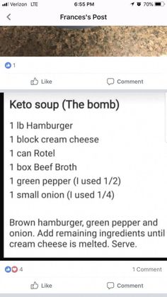 the keto soup recipe is shown on facebook