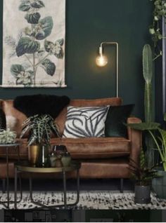 a living room with green walls and plants on the table in front of the couch