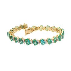 Glamours 18k Gold Bracelet Natural Emerald Cut Emerald Gemstone Real Diamond Jewelry | Stackable Gemstone Birthstone Bracelet 6.75 Inch STONE DETAILS : ❋ Stone : Emerald ❋ Stone Size : Mix  ❋ Stone Shape : Emerald Cut     ❋ Stone Weight : 13.84 Cts ❋ Stone Type : Natural ❋ Diamond Weight : 1.82 Cts. Approx. ❋ Diamond Shape : Round Cut   ❋ Diamond Color-Clarity : HI-SI  ❋ Diamond Type : Natural METAL DETAILS : ❋ Metal Purity : Solid 18K Gold  ❋ Metal Color : Yellow Gold ❋ Bracelet Length : 6.75 I Luxury Gold Diamond Bracelet With Gemstones, Luxury Yellow Gold Bracelets With Stones, Gemstone Accented Fine Jewelry Tennis Bracelet, Luxury Yellow Gold Diamond Bracelet With Gemstones, Exquisite Cubic Zirconia Gemstone Bracelets, Yellow Gold Bracelets With Jewels In Fine Jewelry Style, Luxury Jewelry Baguette Cut Gemstone, Luxury Wedding Bracelets With Gemstone Accents, Luxury Gemstone Accented Bracelets For Formal Occasions