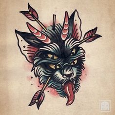 an old school tattoo design of a wolf with feathers on it's head and arrows in its mouth