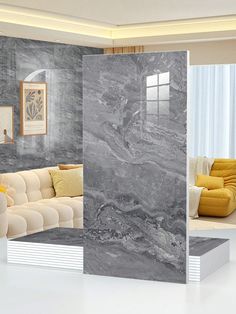 a living room filled with furniture and a marble wall