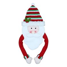 a white santa claus hat with red and green stripes on the side, attached to a red headband