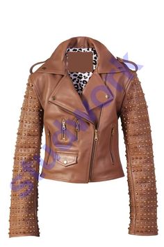 Women's Biker's Golden Studs Shoulder Epaulets Premium Leather Handmade Brando Punk Jacket Studded Jacket made with 100 % Genuine Top Quality Cowhide Leather Steampunk Jacket High-Quality Studs. Each securely added by hand Cropped, Vintage - Inspired / Moto / Fit 0.9 to 1.0 MM Cowhide Leather used Soft Real Leather All sizes Available Make sure to Look at the size chart below before selecting your size. We can offer you customized size/ customized design and Color Changes If you want we can writ Fitted Punk Biker Jacket With Rivets, Leather Biker Jacket With Studs, Luxury Studded Rock Biker Jacket, Fitted Studded Biker Jacket, Luxury Punk-style Fitted Biker Jacket, Steampunk Jacket, Studded Jacket, Lady Biker, Real Leather