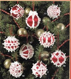 crocheted christmas ornaments hanging from a tree with red and white balls on it