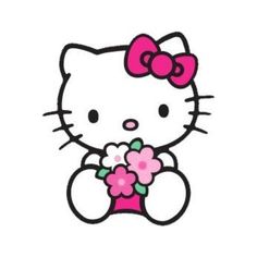 a hello kitty holding a pink flower in her hand with the word hello kitty on it