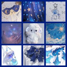 the collage shows blue and white items with stars on them, including a teddy bear