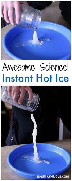 someone pouring water into a blue bowl with the words, awesome science instant hot ice