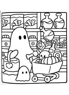 a black and white drawing of a cartoon character in a grocery store with lots of items