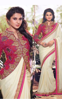 Cream & Pink Satin Chiffon Jennifer Winget Designer Saree Designer Blouse Patterns Unique, Bollywood Saree Blouses, Saree Jacket Designs, Long Blouse Designs, Blouse Designs High Neck, Saree Wearing Styles, Fashion Indian, Sari Blouse Designs, Silk Saree Blouse Designs