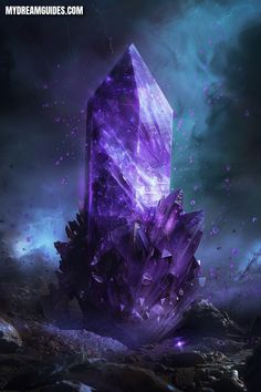 a purple crystal standing on top of a pile of rocks in the dark night sky