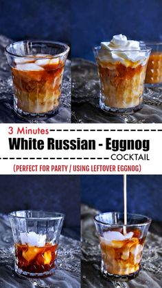 three different shots in glasses with ice and whipped cream on the top one is filled with liquid