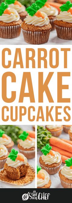 carrot cake cupcakes with cream cheese frosting and fresh carrots on top