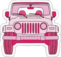 a pink jeep sticker with the hood up and front grills down, on a white background