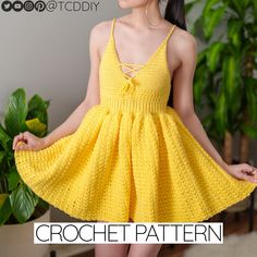 a woman wearing a yellow crochet dress and holding her hands in her pockets