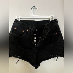 Levi’s 501 High Rise Black Denim Distressed Jeans Size 27, Never Worn Levi’s 501, Levi Shorts, Distressed Jeans, Black Denim, Jean Shorts, Levi's, Jeans Size, High Rise, Womens Shorts