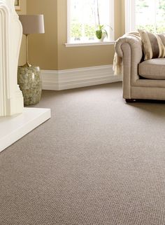 a living room scene with focus on the carpeting and the couch in the foreground