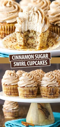 cinnamon sugar swirl cupcakes with frosting on top