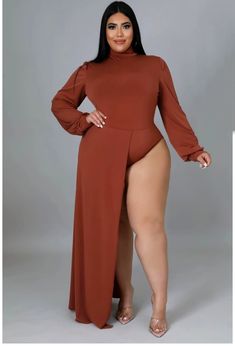 Two piece set, stretch bodysuit, round neckline, Long sleeves, Long side train, Zipper closure High waisted pants, Elastic waistband, No closure, 95% polyester, 5% spande, Great stretch, Inseam is 31 inches, Plus Size model is wearing a 2X Plus model stats Height: 5.6"Bust:45" / Waist:36" / Hips:54" Jesenia Perez, Nice Jumpsuits, Being Myself, Brown Jumpsuits, Plus Model, No Closure, Plus Size Models, Curvy Girl Fashion