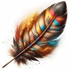 a colorful feather with an arrow on it's tip and some gold flecks