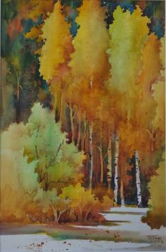 watercolor painting of trees in the fall