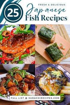 A collage of Japanese fish recipes including ponzu salmon, salmon rice balls, teriyaki cod pieces and miso simmered mackerel Recipes For Seafood, Pescatarian Diet, Fish Recipe, Up Tattoos, Cover Up Tattoos, Fish Dishes