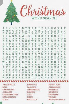 a christmas word search is shown in red and green