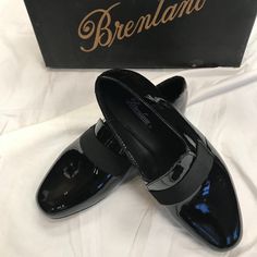 New Never Worn Tuxedo Shoes By Brentano, Slip On Style, Real Leather, Soles And Uppers, Size 8.5 Wide Width Slip-on Patent Leather Dress Shoes With Almond Toe, Black Loafers With Contrasting Heel For Formal Occasions, Black Dress Shoes With Flat Heel, Black Fitted Dress Shoes With Flat Heel, Black Leather Party Shoes With Rubber Sole, Slip-on Patent Leather Dress Shoes With Rubber Sole, Black Fitted Dress Shoes With Removable Insole, Fitted Black Dress Shoes With Removable Insole, Black Patent Leather Closed Toe Court Shoes