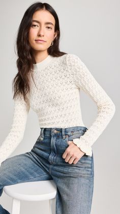 Fast Free Shipping & Free Returns on Sea Rue Fine Knit Gauge Knit High Neck Sweater at Shopbop. Shop new arrivals from Sea at Shopbop.com Sea Clothes, Pointelle Knit, High Neck Sweater, China Fashion, Ruffle Trim, Neck Sweater, Fabric Weights, Designer Dresses, High Neck