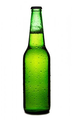 a green beer bottle with water droplets on it