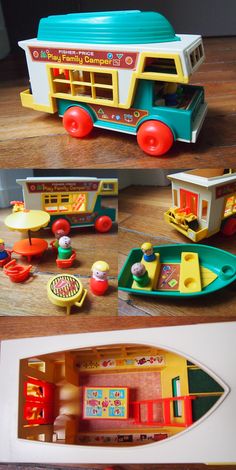 there is a toy bus and some toys in the same box on the table with it's doors open