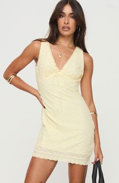 Feel your cutest in this linen-kissed minidress with sweet details like scalloped edges and a dainty satin bow. 31" length (size 4) Hidden side-zip closure V-neck Sleeveless Lined 70% viscose, 30% linen Hand wash, tumble dry Imported Dress Plunging Neckline, Yellow Fits, Fleece Dress, Outerwear Outfit, Lace Ribbon, Loungewear Sets, Curve Dresses, Casual Tank Tops, Designer Clothes For Men