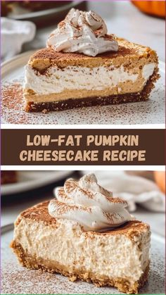 Indulgent Yet Low-Fat: Healthy Pumpkin Cheesecake Indulge without the extra calories! This healthy pumpkin cheesecake is a low-fat alternative that tastes just as good as the original. Try it for a festive dessert that won't weigh you down. Low Calorie Pie Recipes, Skinnytaste Dessert Recipes, Low Cal Cheesecake Recipes, Low Calorie Birthday Desserts, No Sugar Cheesecake Recipes, Low Fat Low Calorie Desserts, Low Cal Pumpkin Desserts, Pumpkin Deserts Recipes Healthy, Low Cal Pumpkin Cheesecake