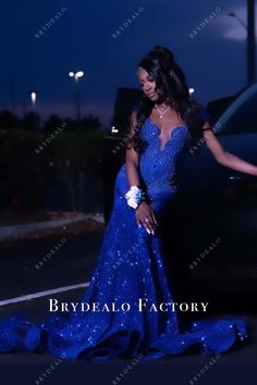 Royal Blue Sequin Chapel Train Mermaid Prom Dress is accentuated with rhinestones adorned plunging neck cap sleeves top. Fit and flare skirt with cutouts and horsehair long train finishes off the look. shown color: royal blue with build-in-bra no boning back zipper closure partially lined Royal Blue And Gold Prom Dress, Royal Blue Prom Dresses Black Women, Royal Blue Birthday Dress, Sapphire Prom Dress, Blue And Silver Prom Dress, Prom Dresses Blue Royal, Mermaid Prom Dresses With Sleeves, Royal Blue Prom Dress Long, Royal Blue Mermaid Prom Dress